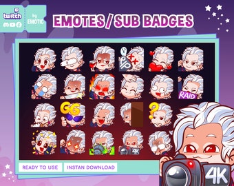 May include: A collection of Twitch emotes and sub badges featuring a cartoon character with white hair and various expressions. The image includes text that says "EMOTES/SUB BADGES", "READY TO USE", and "INSTAN DOWNLOAD". A camera with "4K" is also present.