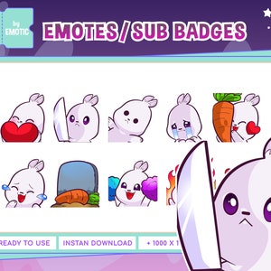 May include: A collection of white bunny emotes with various expressions, including holding a heart, a knife, and a carrot. The emotes are designed for use as Twitch sub badges. The image includes the text "EMOTES/SUB BADGES".