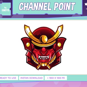 May include: A red and gold samurai helmet illustration with a fierce expression. The helmet is set against a white background. The image is 1000 pixels by 1000 pixels.