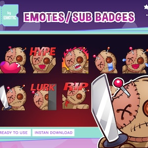 Op de afbeelding: Een set van acht Twitch-emotes en sub-badges met een bruine voodoo-pop met verschillende uitdrukkingen, waaronder een hart, een mes en de woorden "Hype", "Lurk" en "Rip".