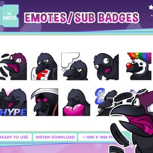 Puede incluir: Un conjunto de nueve emoticonos de Twitch y insignias de suscripción que representan a un cuervo de dibujos animados en varias poses y expresiones. Los emoticonos incluyen un cuervo con un corazón, un cuervo con una guadaña, un cuervo con un texto 'Hype', un cuervo con un sombrero arcoíris y un cuervo con un texto 'GG'. Las insignias de suscripción incluyen un cuervo con una calificación 'F', un cuervo con un globo de pensamiento, un cuervo con una expresión sorprendida y un cuervo con una expresión enojada.