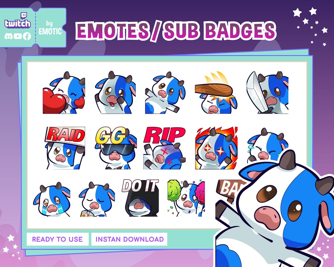 16x Blue Cow Pack Emotes | Cow Twitch Emote | Cute Cow Emote | Twitch ...
