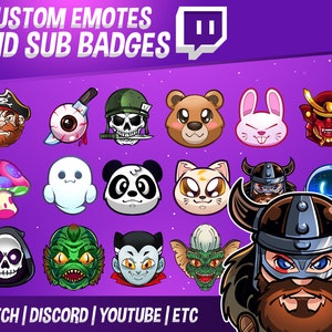Pu&ograve; includere: Una collezione di 18 emoticon e badge di abbonamento di cartoni animati colorati per Twitch, Discord, YouTube e altre piattaforme. Le emoticon presentano una variet&agrave; di personaggi, tra cui un pirata, un fantasma, un panda, un gatto, un vichingo, un fungo, uno scheletro e un mostro.