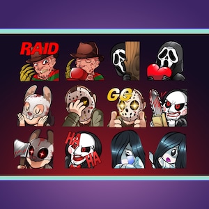 K&ouml;nnte beinhalten: Eine Sammlung von Cartoon-Illustrationen von Horrorfiguren. Darunter Freddy Krueger, Jason Voorhees und die Scream-Maske. Einige Bilder enthalten Text, darunter "RAID", "GG" und "HA HA". Die Charaktere werden in verschiedenen Posen und Ausdr&uuml;cken dargestellt.