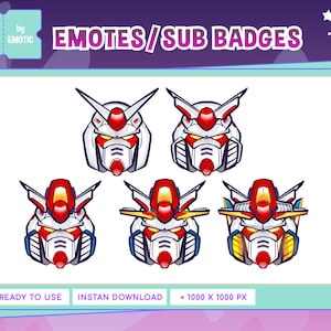 May include: Set of six 1000 x 1000 pixel Twitch emotes and sub badges featuring a white, red, and yellow robot head with a black visor. The text "EMOTES/SUB BADGES" is at the top of the image. The text "READY TO USE INSTAN DOWNLOAD + 1000 X 1000 PX" is at the bottom of the image.