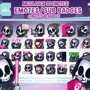 Mega pack Grim reaper 30 emote emote twitch! + 5 badge bonus gratuiti per abbonamenti / twitch / discord / per streamer o gaming