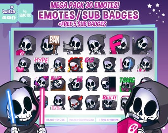 Mega pack Grim reaper 30 emotes ¡emoticones de Twitch! + 5 insignias de suscripción gratuitas adicionales / Twitch / Discord / para transmisores o jugadores