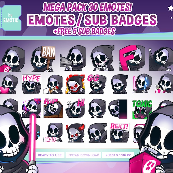 Mega pack Grim reaper 30 emotes twitch emotes! + 5 bonus free sub badges | twitch | discord | for streamer or gaming