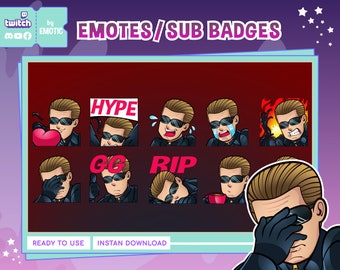 May include: A set of nine cartoon emoticons featuring a man with sunglasses and different expressions. The emoticons include "Hype", "GG", "RIP", "Love", "Sad", "Cry", "Angry", "Confused", and "Thinking".