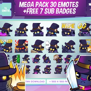 May include: A set of 30 Twitch emotes featuring a black cat wearing a purple wizard hat. The emotes include various expressions and actions, such as "raid", "hype", and "gg". The set also includes 7 free sub badges. The emotes are 1000 x 1000 pixels and can be downloaded in a .png format.