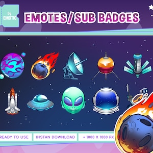 以下が含まれることがあります： 宇宙をテーマにしたTwitchの10個の顔文字とサブバッジのセット。顔文字は、惑星、ロケット、エイリアン、宇宙飛行士など、宇宙に関連するさまざまな画像を特徴としています。顔文字はすべて漫画スタイルで、Twitchストリームに楽しさを加えるのに最適です。