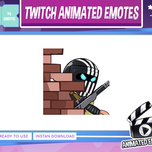 May include: Animated Twitch emote featuring a cartoon character wearing a black and white helmet, holding a gun and peeking around a brick wall. The emote is titled "TWITCH ANIMATED EMOTES".