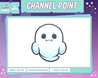 Può includere: Un fantasma di cartone animato blu e bianco con un'espressione triste. Il fantasma è su uno sfondo bianco con un bordo blu chiaro. Il testo "CHANNEL POINT" è nella parte superiore dell'immagine in una casella blu chiaro.