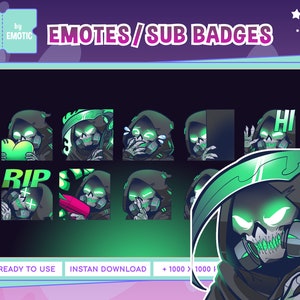 Può includere: Un set di nove emoticon e badge di abbonamento Twitch verdi e neri che raffigurano uno scheletro di cartone animato con un mantello con cappuccio e una maschera antigas. Le emoticon includono un cuore, una falce, un viso che piange, un saluto con la mano, un cartello RIP, una pistola, un viso sorpreso e un teschio con occhi verdi luminosi.