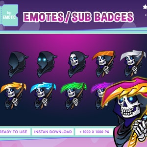 May include: A set of 10 Twitch emotes and sub badges featuring a cartoon grim reaper holding a scythe in various colours. The emotes are 1000 x 1000 pixels and ready to use.
