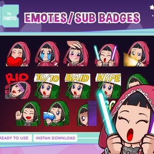 May include: A set of Twitch emotes and sub badges featuring a cartoon girl with different expressions and accessories. The emotes include "RIP", "10/10", "RAID", and "HYPE".