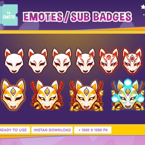 twitch sub badges:  10x kitsune mask | japanese kitsune mask | twitch | discord | for gaming or streamer