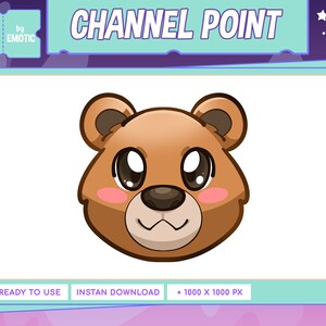 Può includere: Un orso di cartone marrone con occhi grandi e un'espressione carina. L'orso è su uno sfondo bianco con un bordo blu. Il testo "CHANNEL POINT" è nella parte superiore dell'immagine.