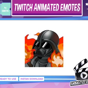 May include: Animated Twitch emote featuring Darth Vader with flames behind him. The emote is in a cartoon style and is ready to be downloaded and used.