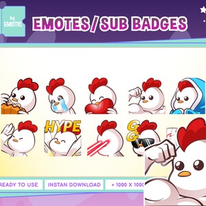 May include: A set of nine animated Twitch emotes and sub badges featuring a white rooster with red accents in various poses. The emotes include the rooster eating, crying, holding a heart, flexing, wearing a blue hoodie, wearing sunglasses, and with a hype text bubble. The text "EMOTES/SUB BADGES" is at the top of the image. The text "READY TO USE", "INSTAN DOWNLOAD", and "+ 1000 X 1000" are at the bottom of the image.