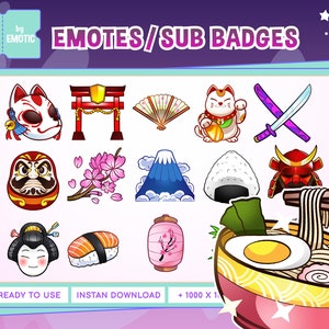 Motyw japońskich odznak sub | japońskie odznaki sub | kawaii odznaki sub | twitch odznaki sub | japoński motyw emotikonów | słodkie japońskie | ramen emotikony