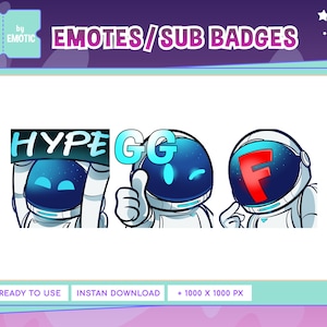 Può includere: Set di tre emote a tema astronauta per Twitch, con le parole "HYPE", "GG" e "F". Le emote in stile cartone animato utilizzano una combinazione di colori blu e bianco, perfette per lo streaming e i giochi online.