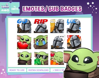 Può includere: Un set di 12 emote e badge di abbonamento Twitch con un personaggio alieno verde e un personaggio mandaloriano. Le emote includono "GG", "RIP", "LOL", "cuore", "pianto", "pensiero", "fuoco", "cappello", "occhiali da sole", "popcorn" e due varianti del personaggio alieno.