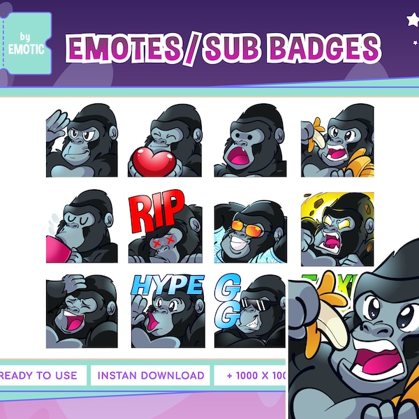 Gorilla Twitch Emotes | Animal Twitch Emotes | stream and gaming | discord | youtube | facebook