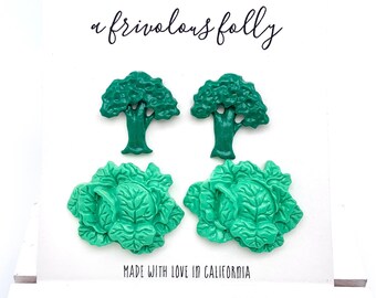 Green Veggie Stud Pack | Broccoli Earrings | Cabbage Lettuce Earrings | Summer Veggies | Fall Harvest | Jewelry | a frivolous folly