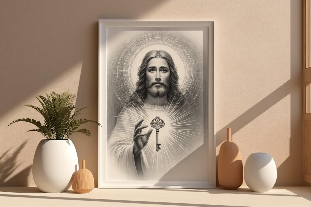 Jesus With Key Digital Pencil Sketch Art Print, Spiritual Christian ...