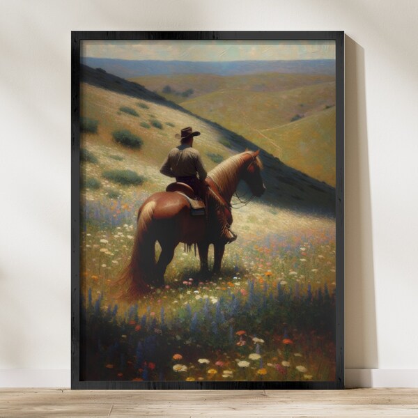 Cowboy on Horseback in Flower Field, Western Digital Wall Art Print instant download files, Rustic Home Decor, Large Poster