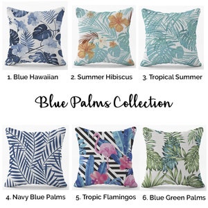 Coastal Pillow Cover, Cushion, Decorative Throw Pillow, Palm Tree Blue Tropical Palm Tree Leaf Pillow