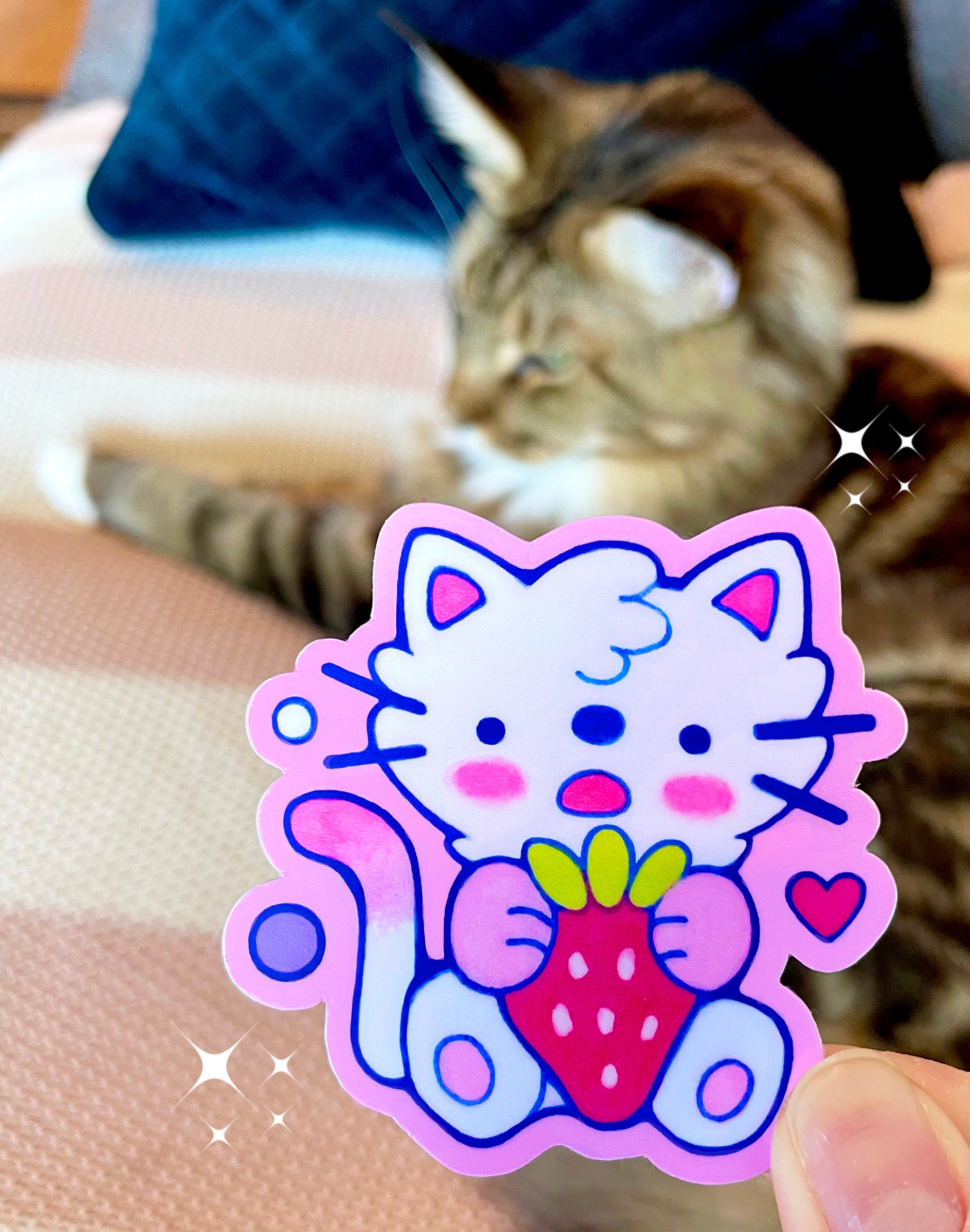Strawberry Cat Sticker L Cute Kitty Sticker L Strawberry Etsy