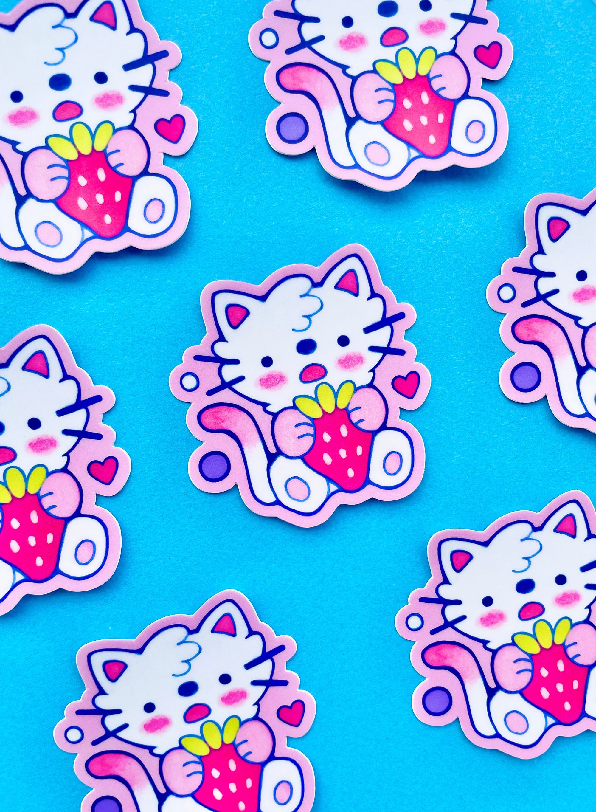 Strawberry Cat Sticker L Cute Kitty Sticker L Strawberry Etsy