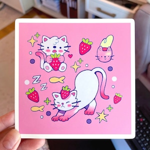 Impression d'art chat fraise | Mini impression | Art de chat mignon | Impression artistique chaton