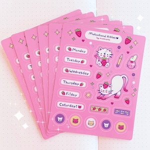 Strawberry Cat Sticker Sheet l  Cute Cat Stickers l Journaling days of the week planner stickers