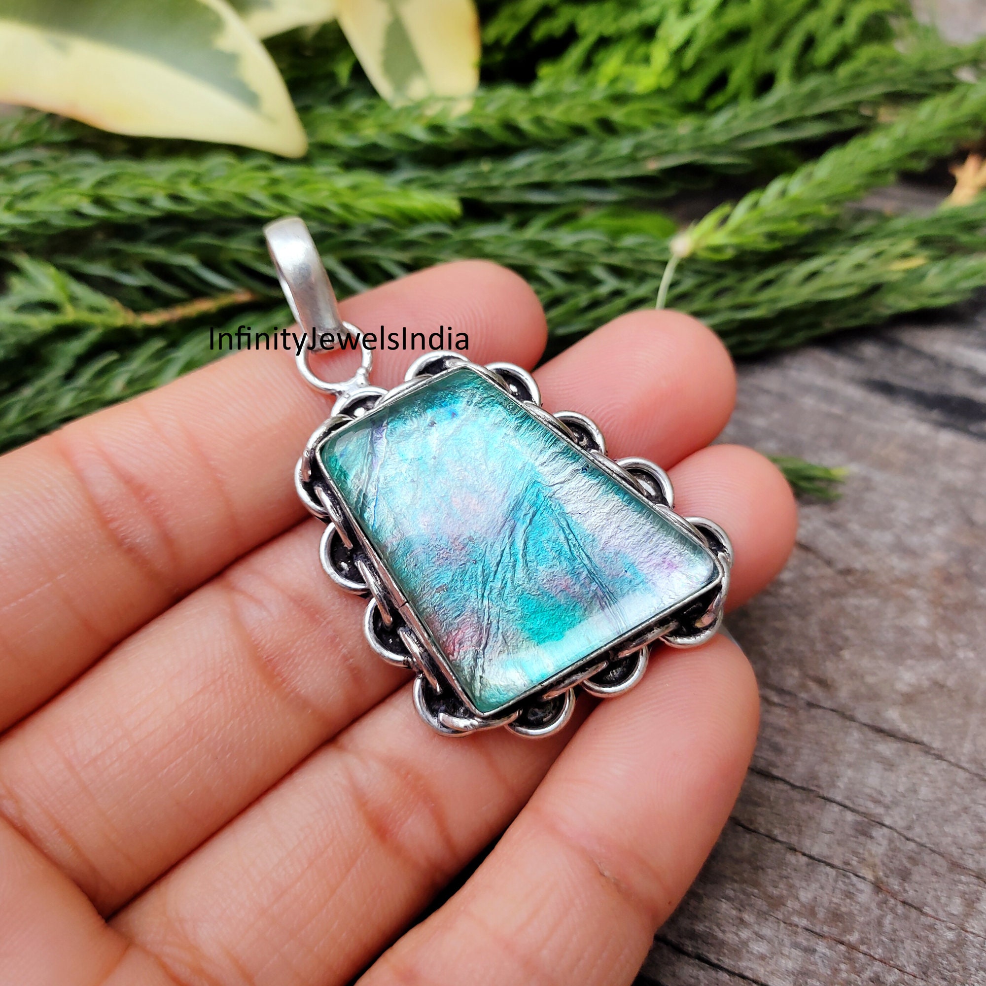 Blue Green Galaxy Blown Glass Pendant 