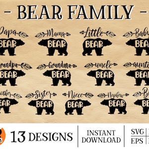 Bear Family Svg Design Bundle, Mama Papa Baby Bear, Png Svg Eps Dfx, Cricut, Fichier numérique, Tenue animalière, Assortiment de chemises familiales
