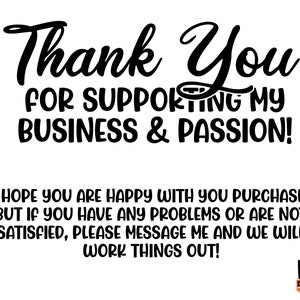 Puede incluir: Texto en blanco y negro sobre un fondo blanco que dice "&iexcl;Gracias por apoyar mi negocio y mi pasi&oacute;n! Espero que est&eacute;s contento con tu compra, pero si tienes alg&uacute;n problema o no est&aacute;s satisfecho, por favor, ponte en contacto conmigo y encontraremos una soluci&oacute;n!" con un logotipo que dice "HR Digitals" en la esquina inferior derecha.