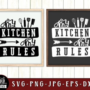 May include: Two black and white signs with the text "My Kitchen My Rules" and kitchen utensil graphics. The signs are framed in wood and brown.