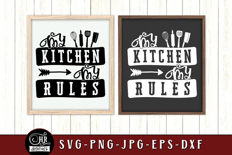 May include: Two black and white signs with the text "My Kitchen My Rules" and kitchen utensil graphics. The signs are framed in wood and brown.