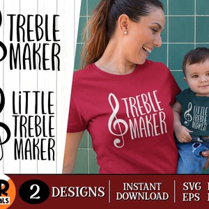 May include: Two red shirts with a treble clef and the text "Treble Maker" and "Little Treble Maker".