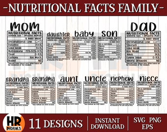 Nutritional Facts Family SVG Design Bundle, Matching Nutrition Facts Outfit Outfit, Funny Mom Dad Baby Family Humor, Png Eps, Cutting File