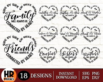 Side by Side of Miles Apart Familie zal altijd verbonden zijn door hart SVG Bundel, Vrienden, Zussen, Besties, Cricut, Ambachten, Png Eps Dxf