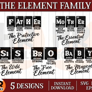 May include: Five black and white designs featuring the periodic table elements with a family theme. The designs include "Father", "Mother", "Sis", "Bro", and "Baby". Each design includes the element symbol, atomic number, element name, and a short description of the element.