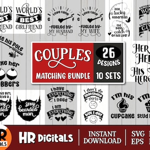Pareja a juego SVG Bundle, Traje a juego, Él y Ella, Esposo Esposa, Romántico, Novio Novia, Sr. Sra, Prometido Prometido, Eps Png Dxf