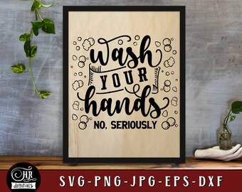 May include: A black and white sign with the text "Wash your hands. No, seriously." surrounded by small circles, resembling soap bubbles, on a wood background.