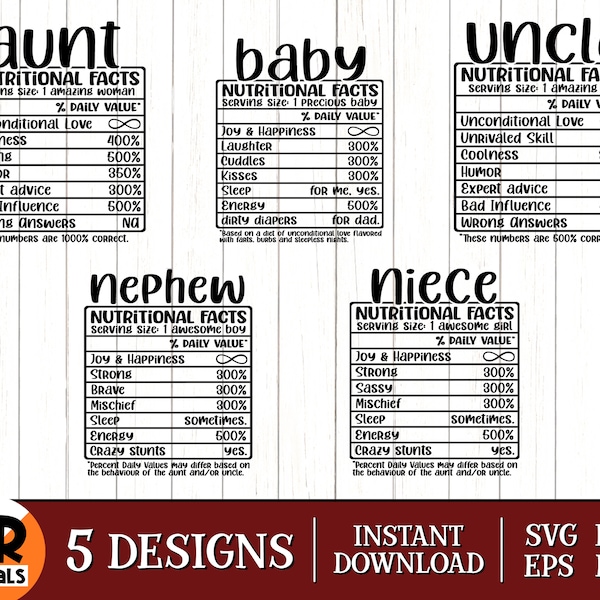 Nutritional Facts SVG, Uncle Aunt Niece Nephew Baby SVG Bundle, Funny Nutrition Fact Sheet, Matching Family SVG, Cut File, Eps Png Dxf