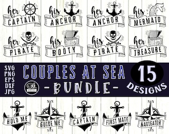 Pakiet SVG Pary na Morzu, Zabawny Rejs Par SVG, Pasująca Żeglarska Para, Kapitan Pierwszy Oficer Pirat Syrena, Png Svg Jpg, Cricut, Rzemiosło