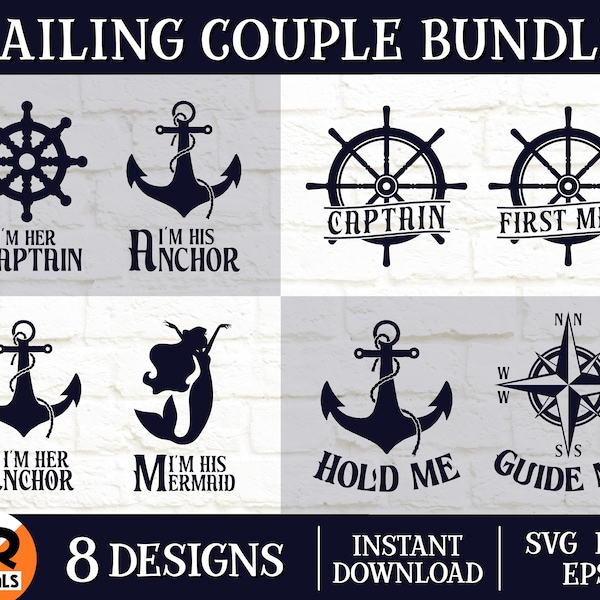 Sailing Couple Bundle SVG PNG EPS, Her Captain His Anchor, Captain First Mate, Matching Couples Outfit, His And Hers, Digital Cutting File